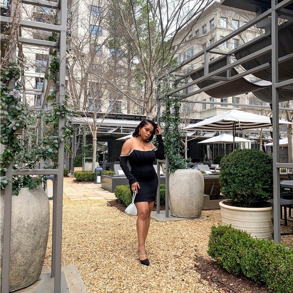 Miss Circle Annika Black Off Shoulder Long Sleeve Corset Dress w/ Crystal trim - Picture 14 of 17